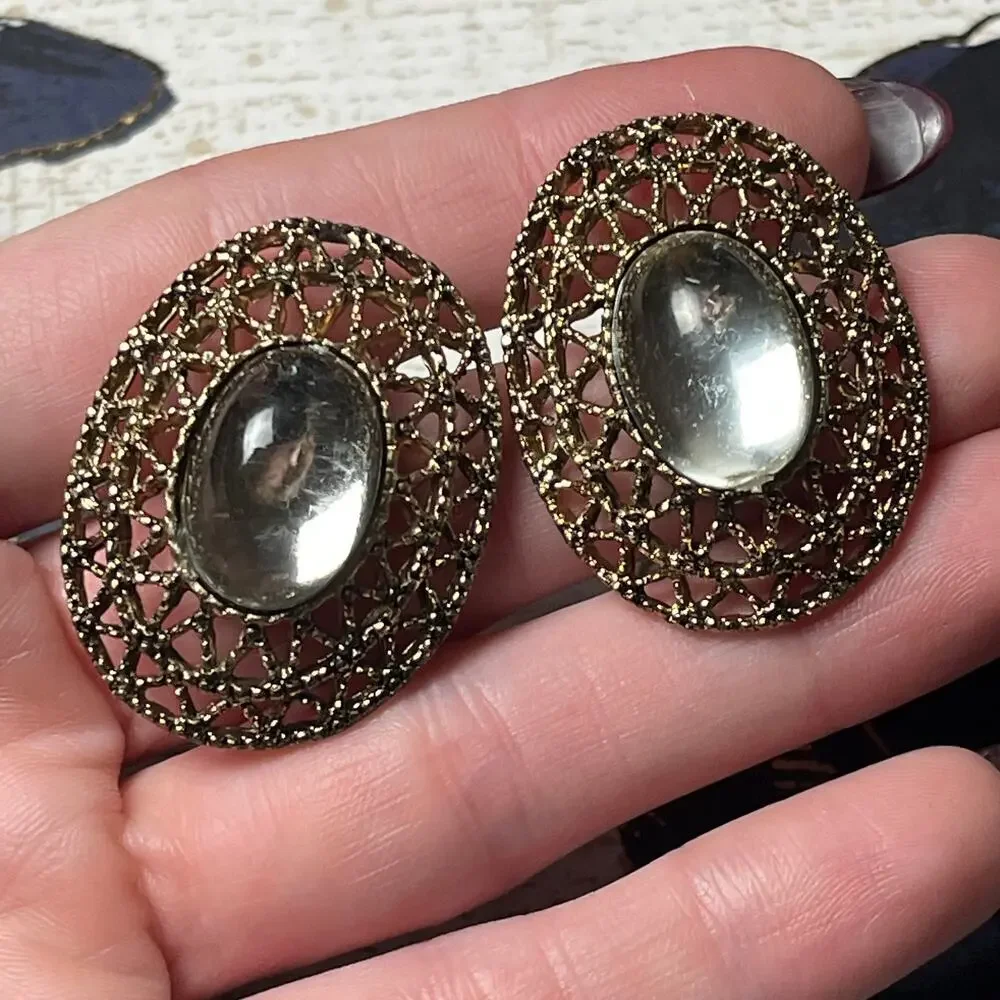 Vintage 80s Gunmetal Silver Stone Statement Earrings - Picture 2 of 6